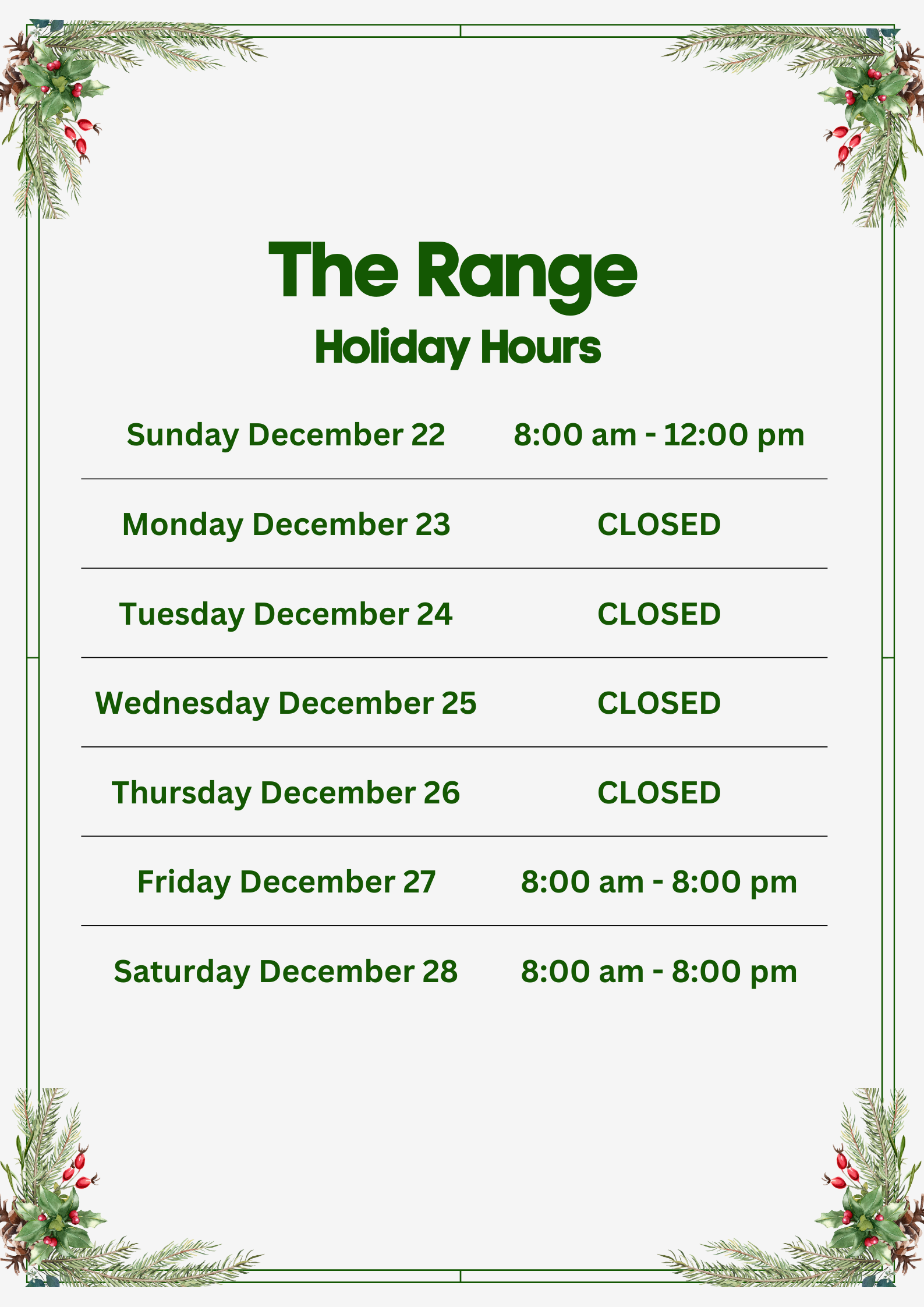 Range holiday hours